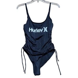 Hurley Womens Black Logo One Piece Swimsuit Side Ruched Ties Medium